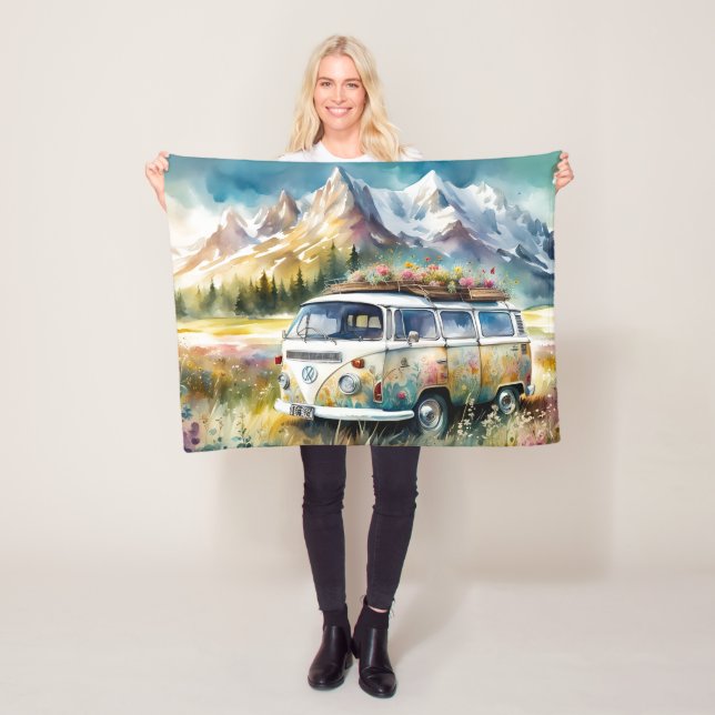 Campervan Bliss Retro Campervan In The Mountains Fleece Blanket (In Situ)