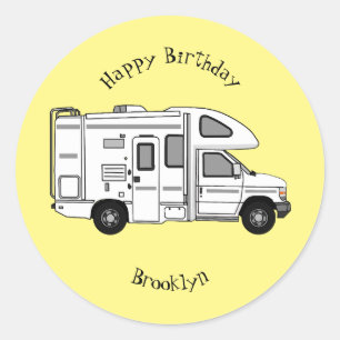 Campervan cartoon illustration classic round sticker