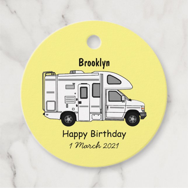 Campervan cartoon illustration favour tags (Front)