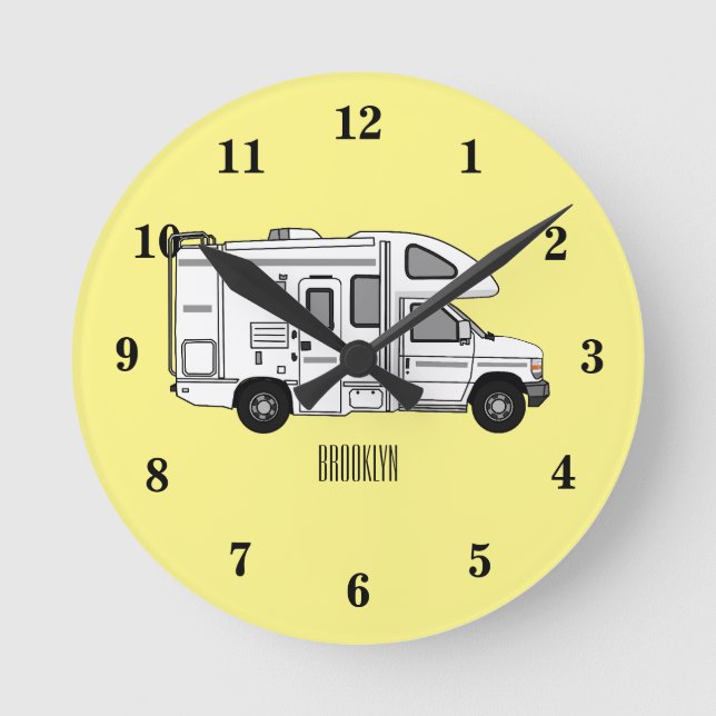 Campervan cartoon illustration round clock (Front)