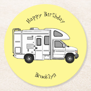 Campervan cartoon illustration round paper coaster