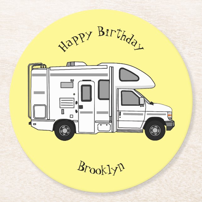 Campervan cartoon illustration round paper coaster (Front)