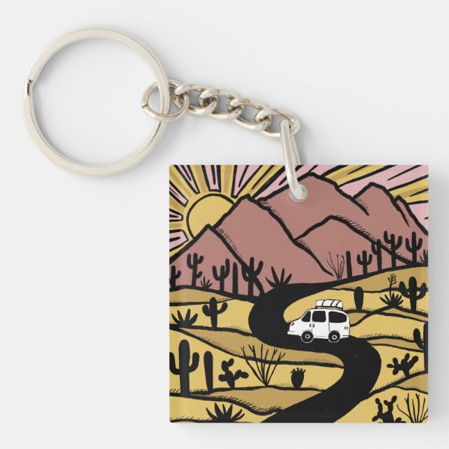 Campervan Desert Mountains Vanlife RV Sunrise Key Ring (Front)