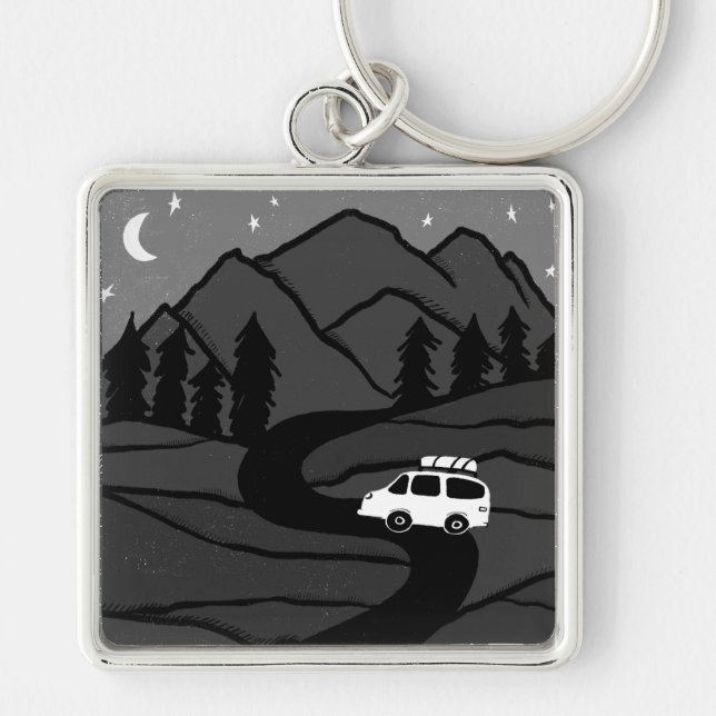Campervan Mountains Vanlife RV Moon Key Ring (Front)