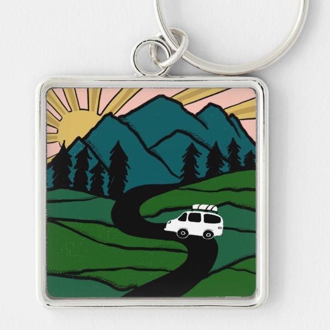 Campervan Mountains Vanlife RV Sunrise Key Ring (Front)