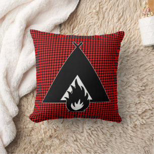 Campfire and Tent on Red and Black Chequerboard Cushion