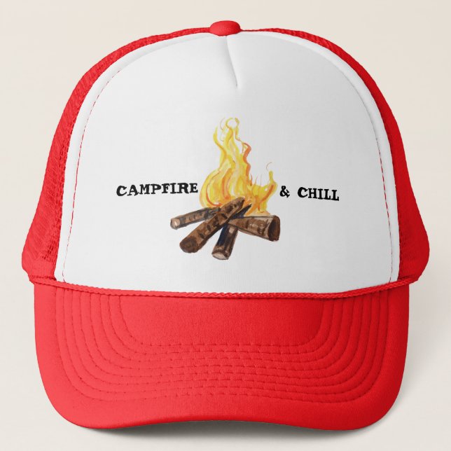 Campfire & Chill Bonfire Camping Watercolor Trucker Hat (Front)