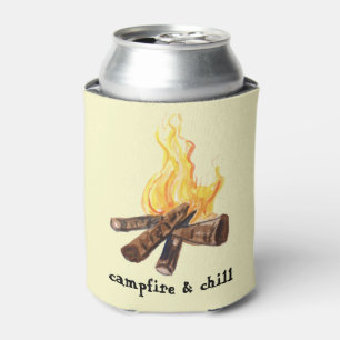 Campfire & Chill Camping Bonfire Watercolor Can Cooler