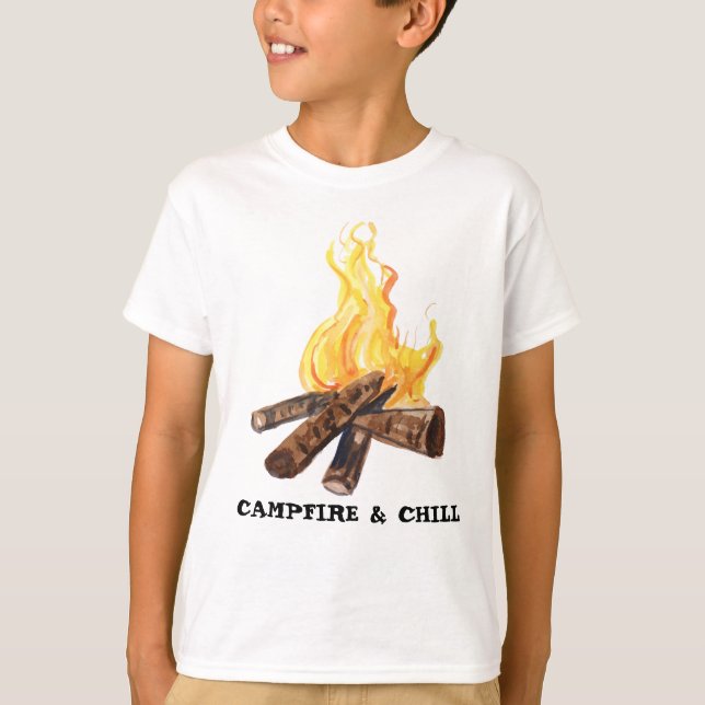 CAMPFIRE & CHILL Camping Bonfire Watercolor T-Shirt (Front)