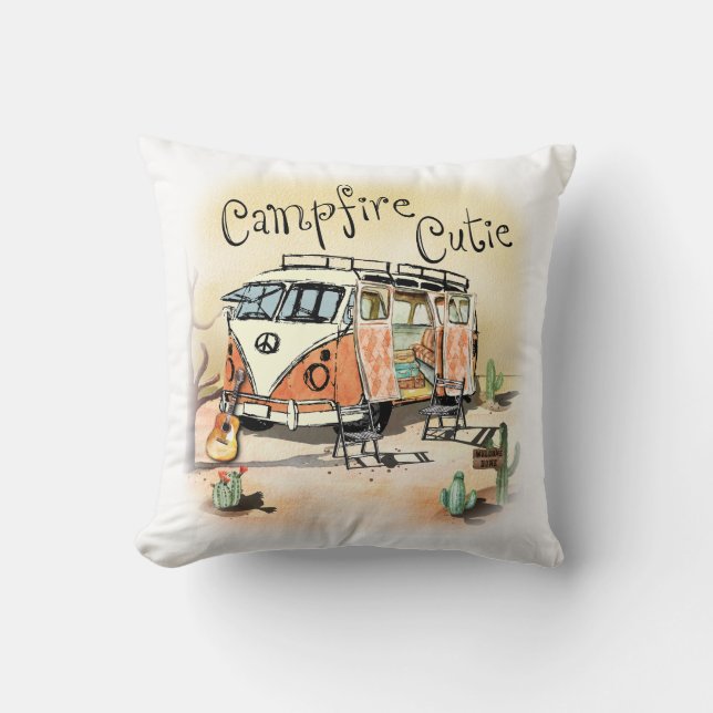 Campfire Cutie Vintage Camping Cushion (Front)