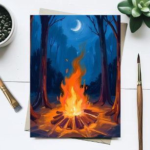 Campfire Moon   Nature Watercolor Painting Postcard