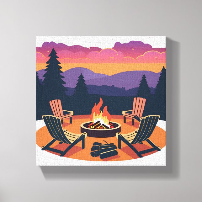 Campfire Sunset | Nature Camping Painting Canvas Print (Front)
