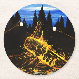 Campfire Sunset Wilderness Scene for Cosy Camping Round Paper Coaster