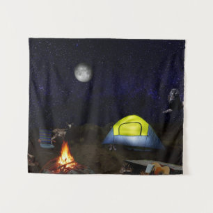 Campground at Night Collage, Tent, Animals Stars Tapestry