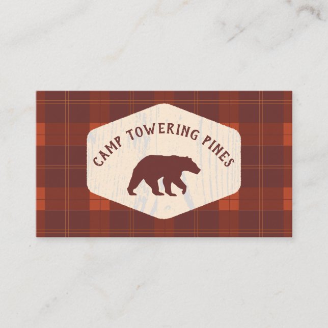 Campground Cabin Rental Rustic Look Plaid Bear Business Card (Front)
