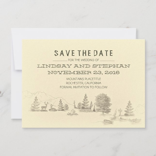 Campground Illustration Camping SAVE THE DATE card (Front)