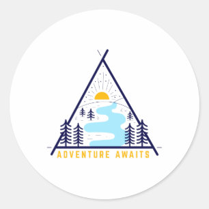 Camping adventure awaits classic round sticker