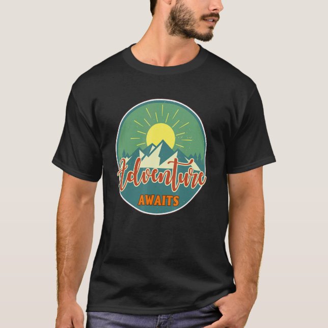 Camping Adventure Awaits Vintage Adventure Hiking T-Shirt (Front)