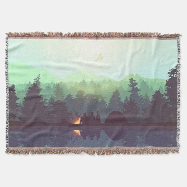 Camping Adventure Forest Mountain Illustration Throw Blanket (Front)