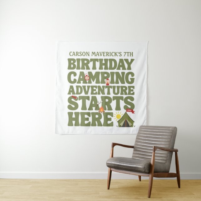 Camping Adventure Starts Here Kids Birthday  Tapestry (In Situ)