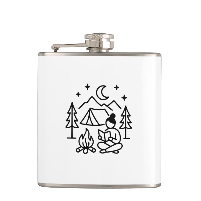 Camping and Reading Line Art  Hip Flask (Front)