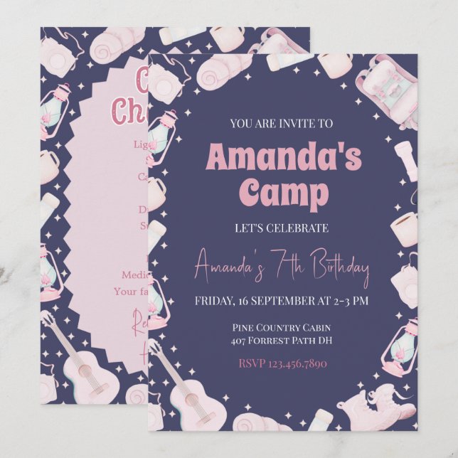 Camping Backpack Girl Birthday Invitation (Front/Back)