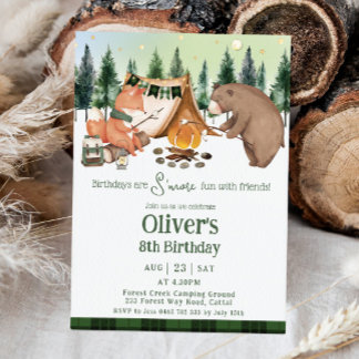 Camping Bear Fox S'more Fun With Friends Birthday Invitation