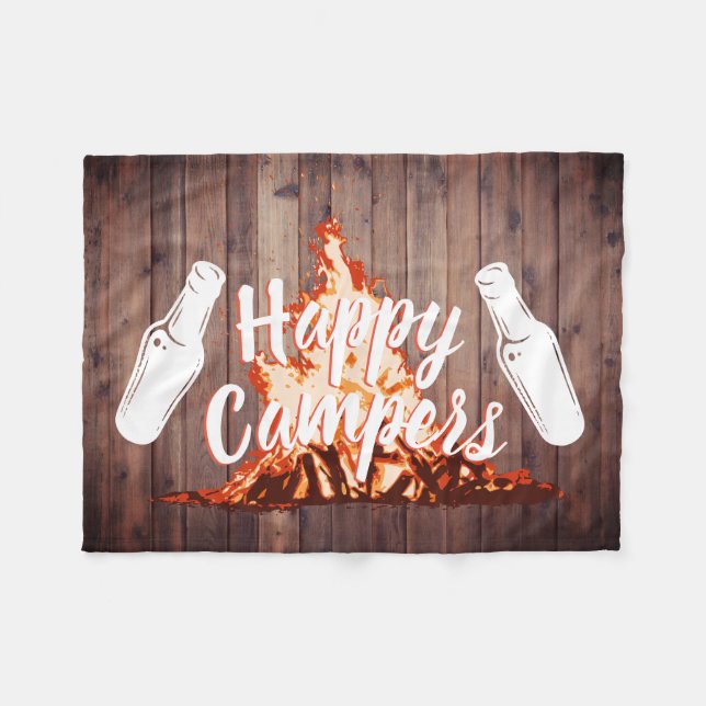 Camping Beers & Bonfire Happy Campers Rustic Wood Fleece Blanket (Front (Horizontal))