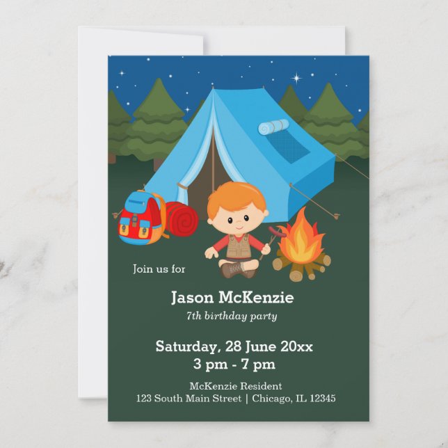 Camping birthday boy invitation (Front)