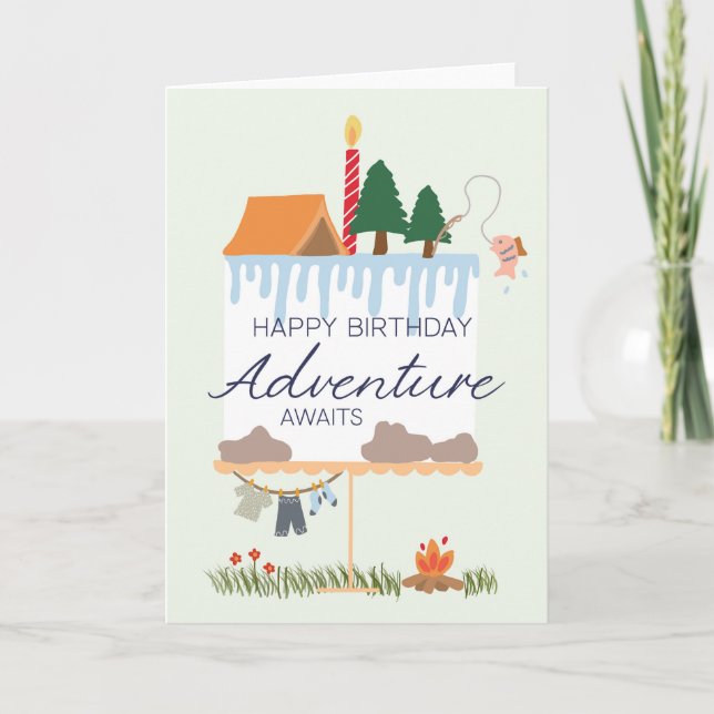 Camping Birthday Card: Adventure Awaits, Outdoorsy Card (Front)