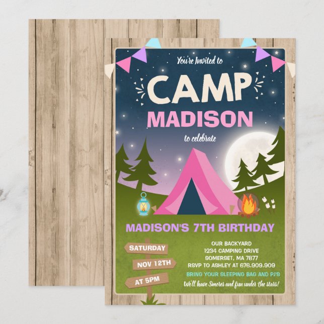 Camping Birthday Invitation Camp Out Party (Front/Back)