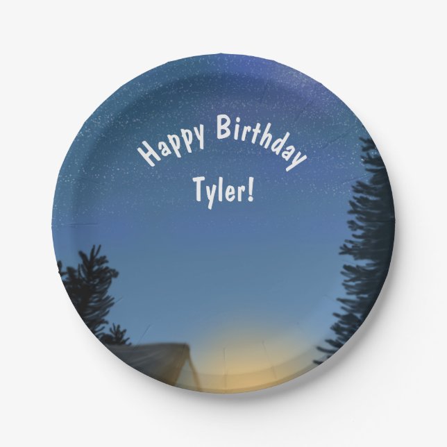 Camping Birthday Party Customisable Message Paper Plate (Front)
