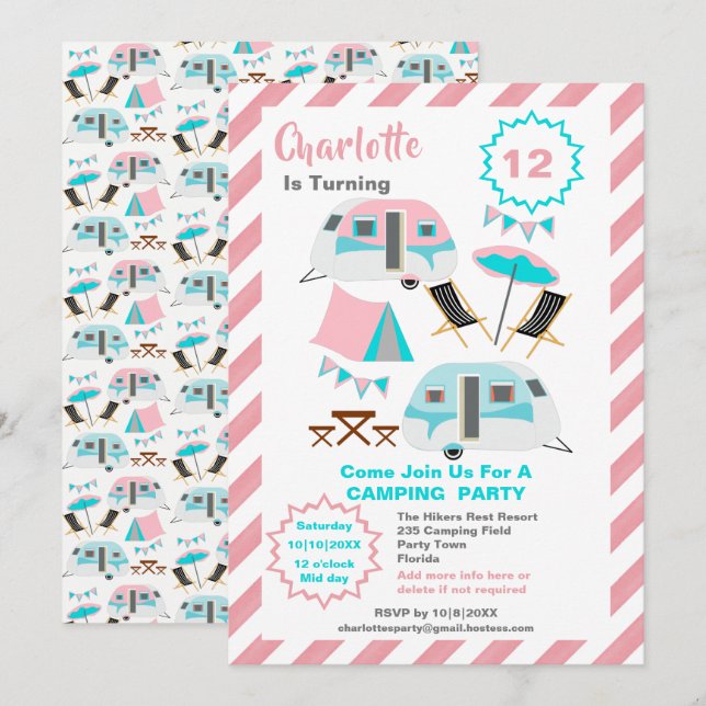 Camping Birthday Party Cute Retro Style  Invitation (Front/Back)