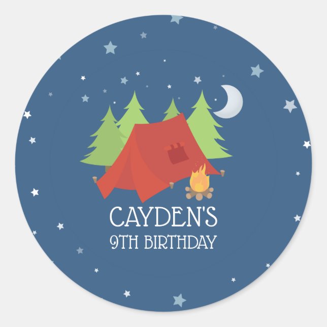 Camping Birthday party favour stickers (Front)