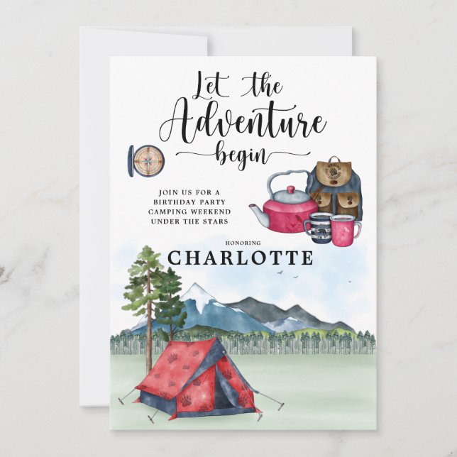 Camping Birthday Party Girl's Weekend Invitation (Front)