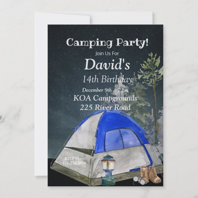 Camping Birthday Party Invitation, Editable Camp   Invitation (Front)