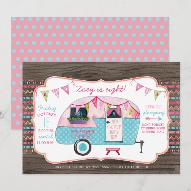 Camping Birthday Party Invitation - Girl Glamping (Front/Back)