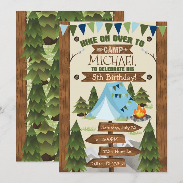 Camping Birthday Party Invitation Invite Boy (Front/Back)