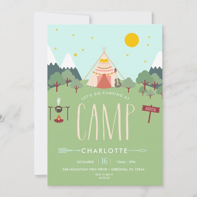 Camping Birthday Party Invitation Pink Green (Front)