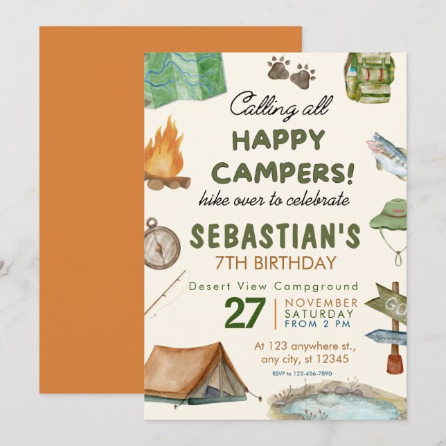 Camping Birthday Party modern kids  Invitation (Front/Back)