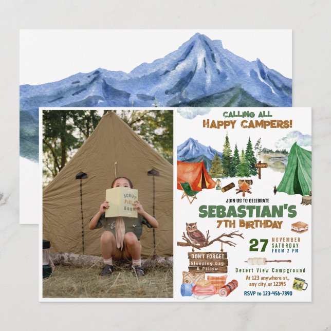 Camping Birthday Party modern kids  Invitation (Front/Back)