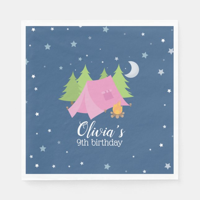 Camping birthday party napkins Pink Tent (Front)
