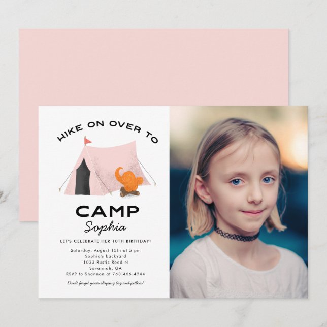 Camping Birthday Party Pink Tent Photo Invitation (Front/Back)