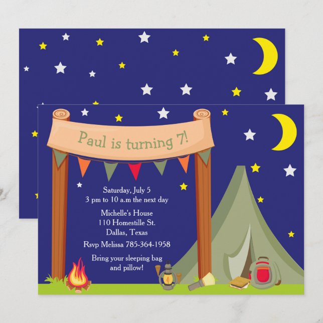 Camping Birthday Party Sleepover Khaki Green Invitation (Front/Back)