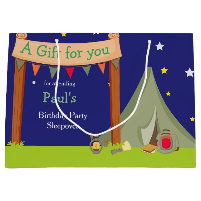Camping Birthday Party Sleepover Khaki Green Large Gift Bag (Front)