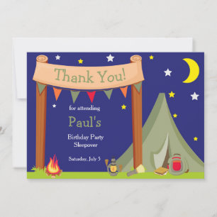 Camping Birthday Party Sleepover Khaki Green Thank You Card