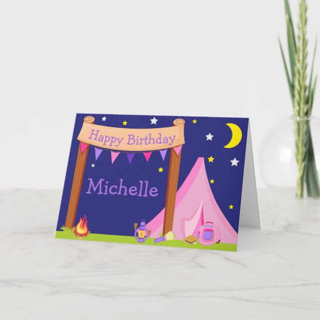 Camping Birthday Party Sleepover Pink and Purple Card (Front)