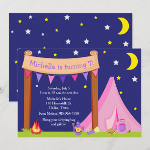 Camping Birthday Party Sleepover Pink and Purple Invitation