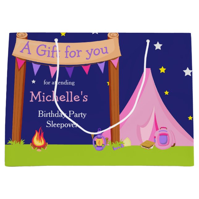 Camping Birthday Party Sleepover Pink and Purple Large Gift Bag (Front)