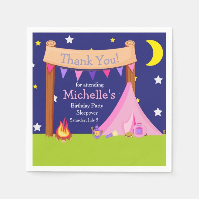 Camping Birthday Party Sleepover pink and purple Napkin (Front)